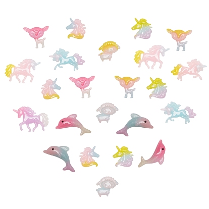60Pcs 6 Style Resin Cabochons, with Glitter Powder, Unicorn & Dolphin & Sheep & Deer