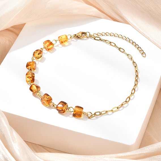 Браслеты на лодыжку из натуральных янтарных кубических бусин и цепочки из нержавеющей стали в виде скрепки для женщин