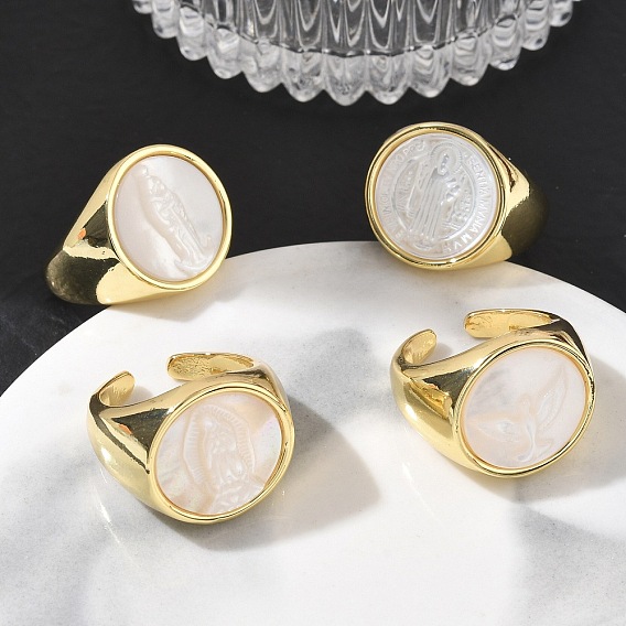 Brass & White Shell Cuff Open Rings, Flat Round, Long-Lasting Plated, Rack Plating, Lead Free & Cadmium Free, Real 18K Gold Plated