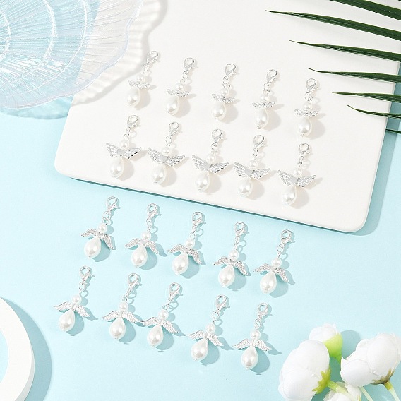 20 шт. 4 стили стеклянные жемчужины и акриловые искусственные жемчужины подвесные украшения в виде ангела, Сплав с застежками когтя омара