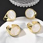 Brass & White Shell Cuff Open Rings, Flat Round, Long-Lasting Plated, Rack Plating, Lead Free & Cadmium Free, Real 18K Gold Plated