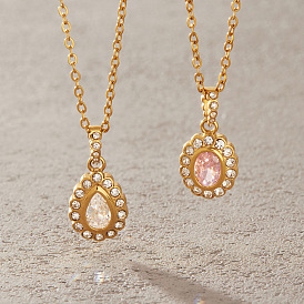 304 Stainless Steel Pave Cubic Zirconia Pendant Necklaces for Women, Golden