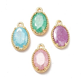 Glass Charms, with Real 18K Gold Plated Brass Findings, Faceted Oval