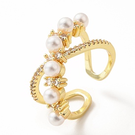 Anillo de puño abierto entrecruzado de circonitas cúbicas con perla de imitación, joyas de latón chapado en oro real 18k para mujer, sin plomo y el cadmio