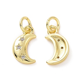 Brass Micro Pave Clear Cubic Zirconia Charms, with Jump Ring, Moon with Star