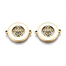 304 Stainless Steel Enamel Links Connectors, Laser Cut, for Religion, Flat Round with Hamsa Hand/Hand of Fatima/Hand of Miriam
