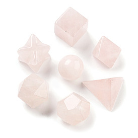 7Pcs Natural Rose Quartz Beads, No Hole/Undrilled, Round & Cube & Merkaba Star, Mixed Shapes
