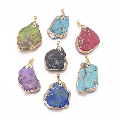 Natural Regalite/Imperial Jasper/Sea Sediment Jasper Pendants, with Golden Plated Brass Findings, Nuggets