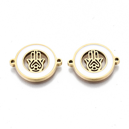 304 Stainless Steel Enamel Links Connectors, Laser Cut, for Religion, Flat Round with Hamsa Hand/Hand of Fatima/Hand of Miriam