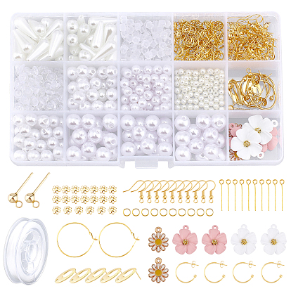 DIY Imitation Pearl Jewelry Set Making Kit, Including Acrylic Beads, Iron Findings, Plastic Ear Nuts, 304 Stainless Steel & Brass Earrings Findings, Alloy Pendant, Elastic Thread