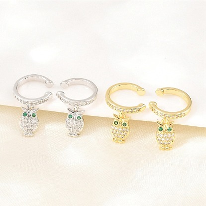 Серьги-манжеты из латуни с микропаве и кубическим цирконием в виде совы., без кадмия и без свинца, долговечный, стойки покрытие