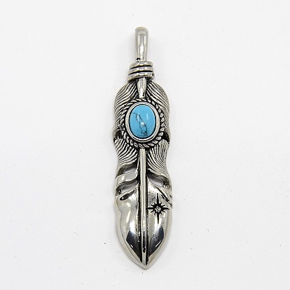 Vintage Men's 304 Stainless Steel Big Feather Big Pendants, with Synthetic Turquoise, 57x13x8mm, Hole: 6x3mm