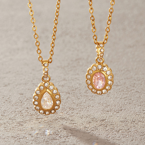 304 Stainless Steel Pave Cubic Zirconia Pendant Necklaces for Women, Golden