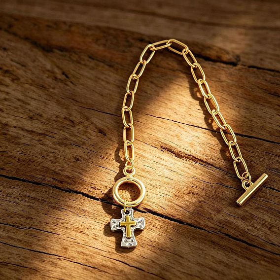 Bracelets unisexes en alliage de zinc bicolore avec pendentif croix religieuse et fermoirs OT.