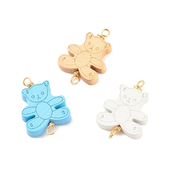 Spray Painted Wood Connector Charms, with Golden Tone Copper Wire Loops, Bear