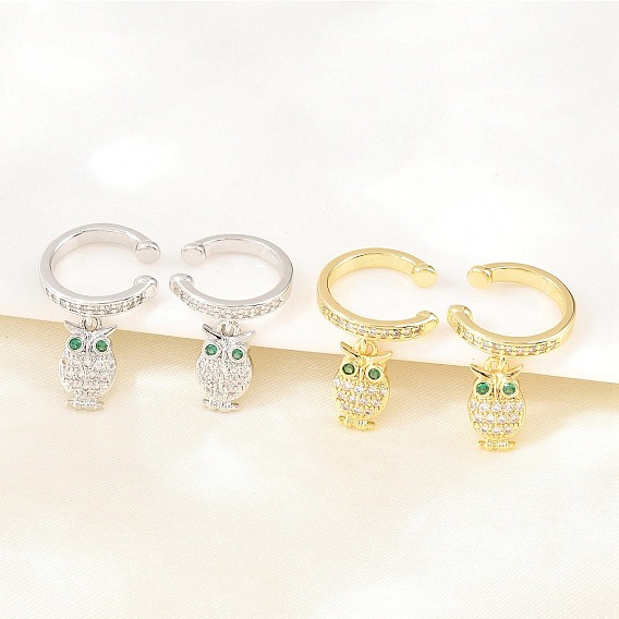 Серьги-манжеты из латуни с микропаве и кубическим цирконием в виде совы., без кадмия и без свинца, долговечный, стойки покрытие