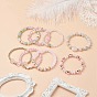 8Pcs 8 Style Mixed Gemstone & Shell Pearl & Cat Eye Stretch Bracelets Set, Cubic Zirconia Heart & Lampwork Evil Eye & Glass Flower Stackable Bracelets for Women