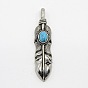 Vintage Men's 304 Stainless Steel Big Feather Big Pendants, with Synthetic Turquoise, 57x13x8mm, Hole: 6x3mm