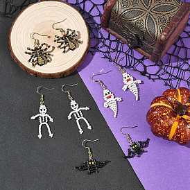 Halloween Glass Seed Bead Dangle Earrings, Spider Ghost Bat Mummy, 304 Stainless Steel Dangle Earrings for Women, Golden