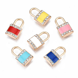 Rack Plating Alloy Enamel Pendants, with Crystal Rhinestone, Cadmium Free & Nickel Free & Lead Free, Light Gold, Lock