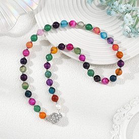 Dyed Natural Banded Agate Round Beaded Necklaces, with Alloy Crystal Rhinestone Round Magnetic Clasps, Platinum