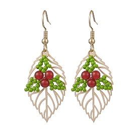 Листья 304 серьги-подвески из нержавеющей стали и стекла, с естественным сердолика