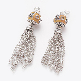 Alloy Curb Chain Tassel Big Pendants, with Handmade Indonesia Round Beads and Lobster Claw Clasps