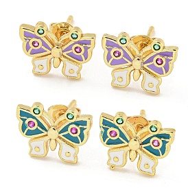 Butterfly Real 18K Gold Plated Brass Stud Earrings, with Enamel and Cubic Zirconia