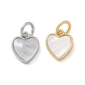Сердечные подвески из натуральных белых ракушек, с латунными оправами и соединительными кольцами