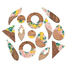 Walnut Wood & Transparent Resin Pendants, Mixed Shapes Charm