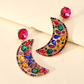 Exaggerated Bohemian Geometric Earrings with Moon Alloy and Glass Rhinestones