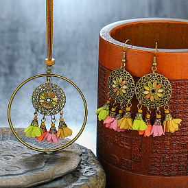 Ensemble de boucles d'oreilles et collier avec pendentif floral rétro, bijoux à franges avec pompon pour femmes