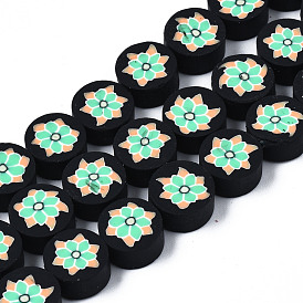 Handmade Polymer Clay Beads Strands, Flat Round with Flower