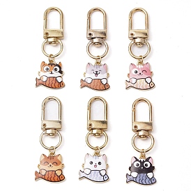 Cat with Fish Alloy Enamel Pendant Decoration, Swivel Clasps Charms for Bag Ornaments