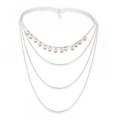 304 Stainless Steel Chain Tiered Necklaces, Four Tiered, Flat Round