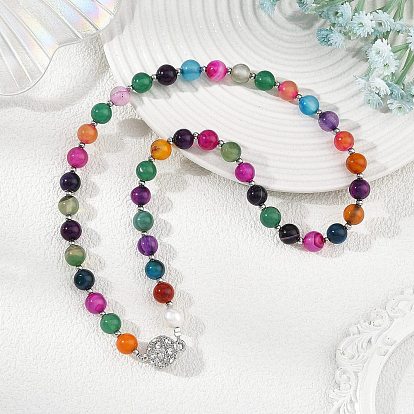 Dyed Natural Banded Agate Round Beaded Necklaces, with Alloy Crystal Rhinestone Round Magnetic Clasps, Platinum
