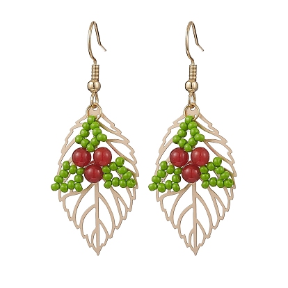 Листья 304 серьги-подвески из нержавеющей стали и стекла, с естественным сердолика