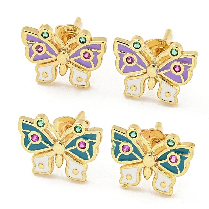 Butterfly Golden Brass Stud Earrings, with Enamel and Cubic Zirconia