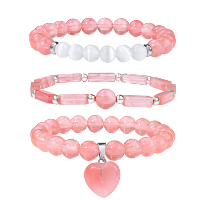 Natural Amethyst Crystal Bracelet with Heart Pendant - Women's Gemstone Beaded Wristband Set