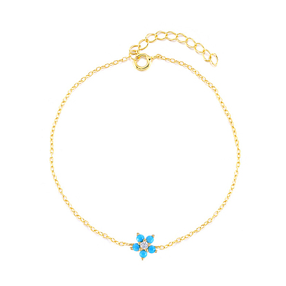 925 Sterling Silver Cubic Zirconia & Synthetic Turquoise Flower Link Bracelets, Cable Chains Bracelets for Women