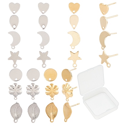 14Pair 7 Style 304 Stainless Steel Stud Earring Findings, with 8Pcs Ear Nuts, Star & Moon & Flower & Leaf & Heart