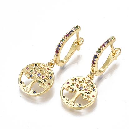 Brass Micro Pave Cubic Zirconia Dangle Hoop Earrings, Flat Round with Tree of Life