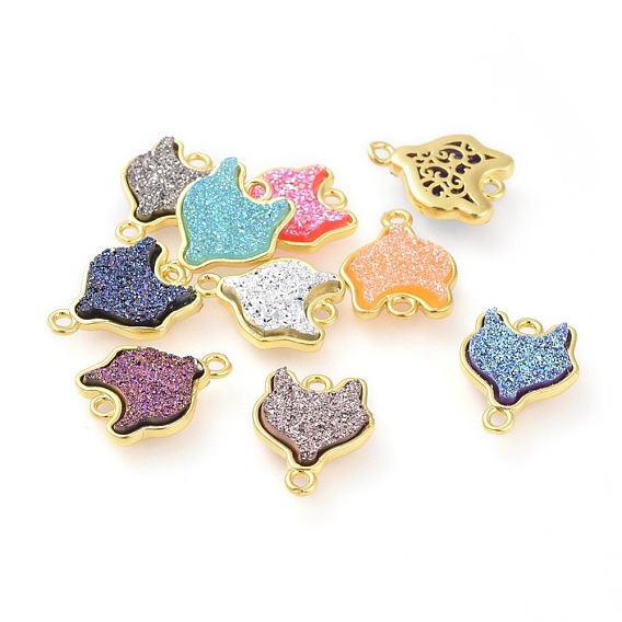 Electroplate Druzy Resin Links Connectors, with Brass Findings, Fox, Golden