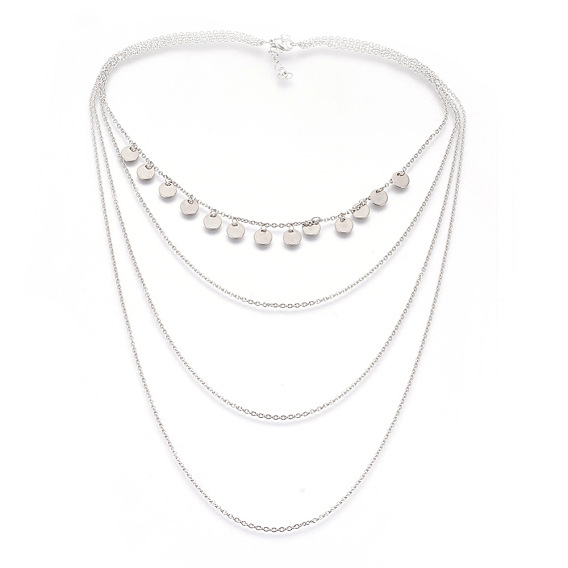 304 Stainless Steel Chain Tiered Necklaces, Four Tiered, Flat Round