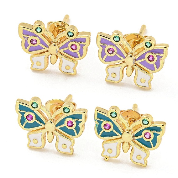 Butterfly Golden Brass Stud Earrings, with Enamel and Cubic Zirconia