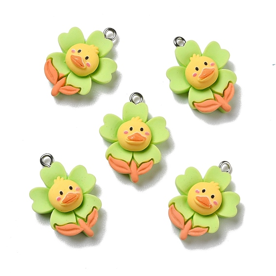 Opaque Resin Pendants, with Platinum Tone Iron Loops, Flower with Duck