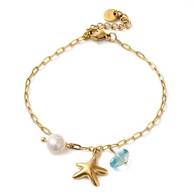 Freshwater Pearl & Glass & Beach Starfish Charm Bracelets, 304 Stainless Steel Paperclip Chain Bracelets for Women