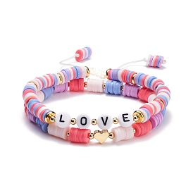 Handmade Disc Polymer Clay Braided Bead Bracelets Set, Love Heart Beads Adjustable Bracelet for Women