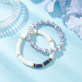 2 шт. 2 стили ручной работы, цветочные фарфоровые керамические круглые бусины, эластичные браслеты и полимерная глина, бусины хейши, эластичные браслеты, с акриловой