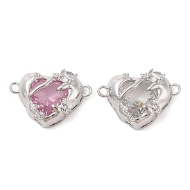 Brass Pave Glass Connector Charms, Heart Links, Real Platinum Plated